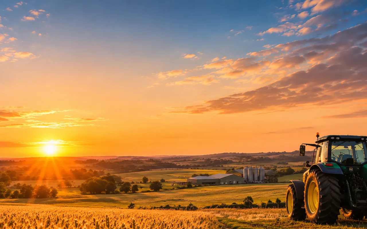 Champ de blé au coucher du soleil, avec un tracteur et des bâtiments d'exploitation