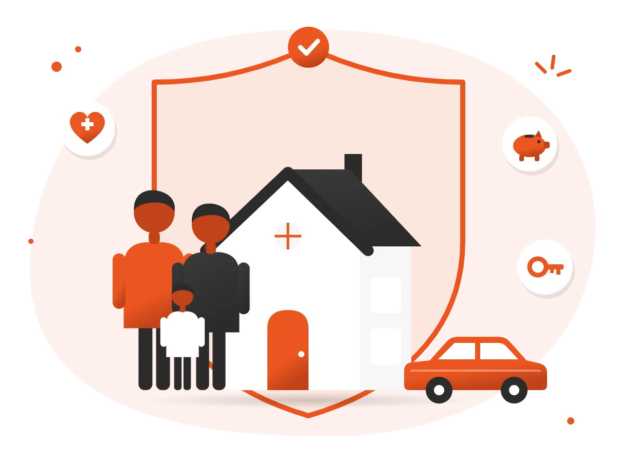 Illustration : une famille devant sa maison et sa voiture, protégées par un bouclier